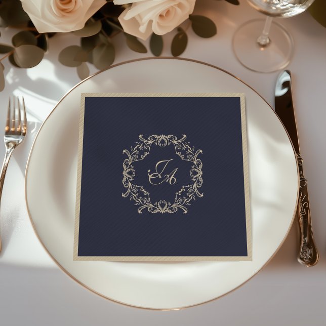 Navy Blue Baroque Monogram Wedding Napkins (Creator Uploaded)