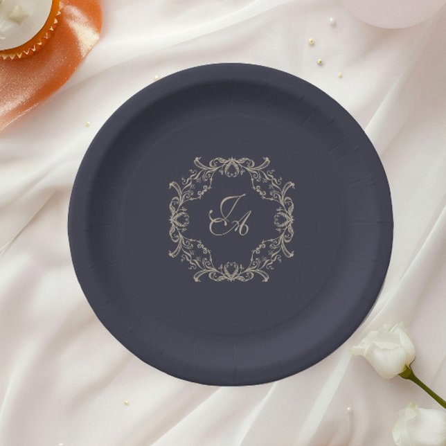 Navy Blue Baroque Monogram Wedding Paper Plate (Creator Uploaded)