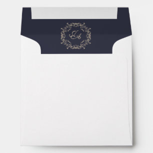Navy Blue Baroque Square Wedding Envelope with Mon