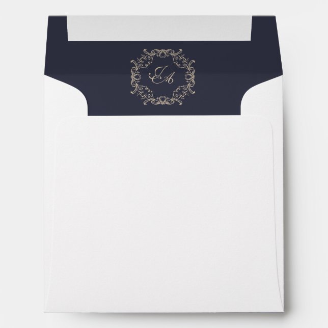 Navy Blue Baroque Square Wedding Envelope with Mon (Back (Bottom))