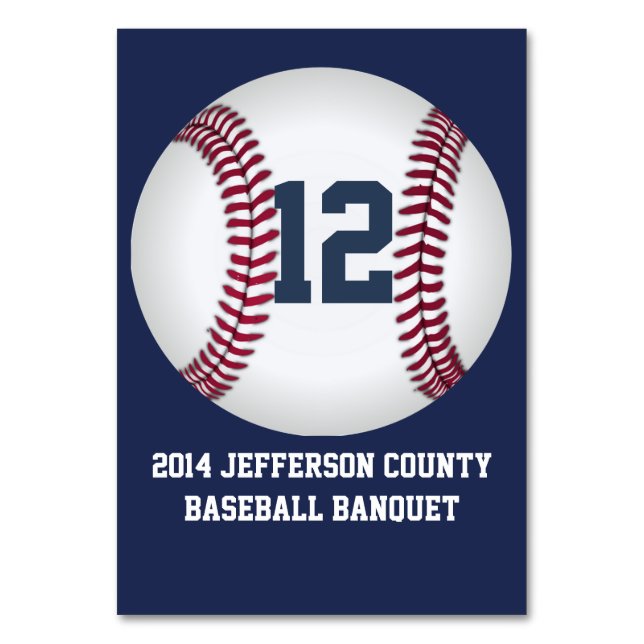 Navy Blue Baseball Banquet Table Number Card (Front)