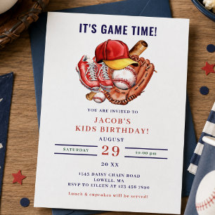 Navy Blue Baseball Kids Birthday Party Watercolor Invitation