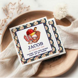 Navy Blue Baseball Kids Birthday Party Watercolor Napkins