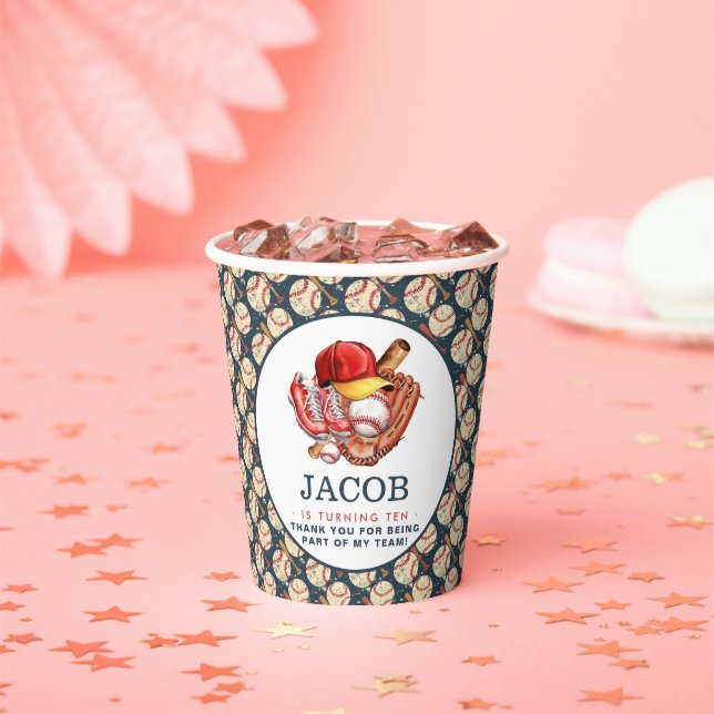 Navy Blue Baseball Kids Birthday Party Watercolor  Paper Cups (Insitu)