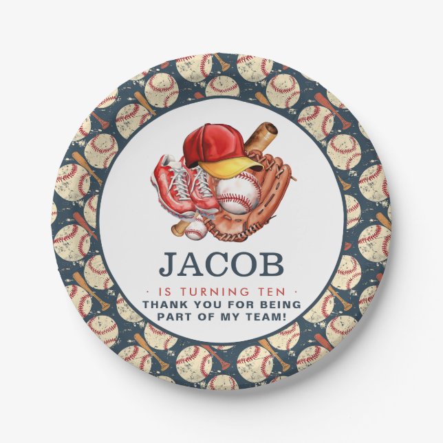 Navy Blue Baseball Kids Birthday Party Watercolor  Paper Plates (Front)