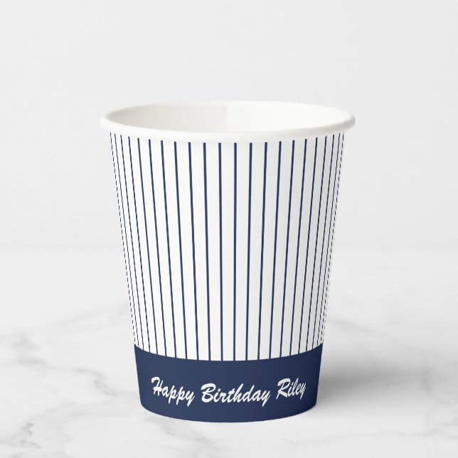 Navy Blue Baseball Pinstripe Birthday Party Paper Cups (Left)