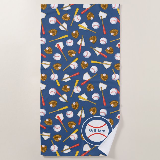 Navy Blue Baseball Themed Beach Towel (Front)