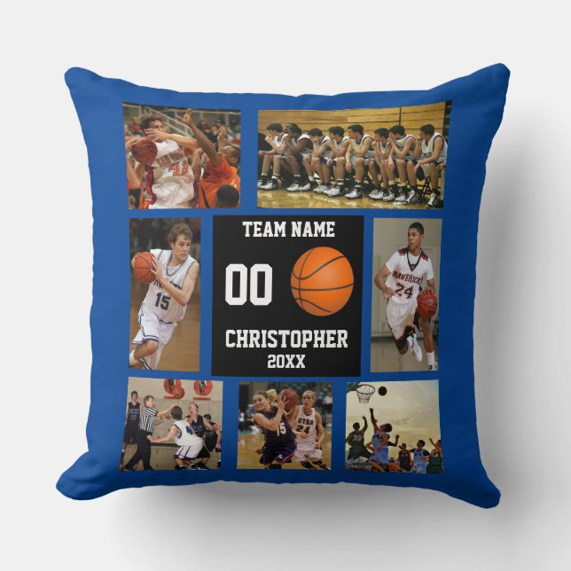 Navy Blue Basketball Modern Photo Collage Throw Pillow (Front)