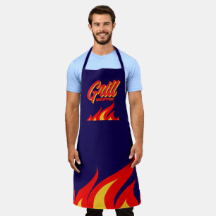 Navy blue BBQ apron with red hot fire flames