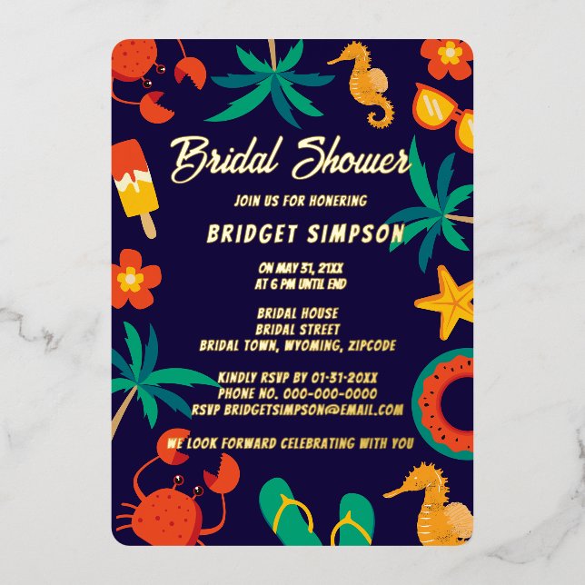 navy blue beach coastal summer bridal shower foil invitation (Front)