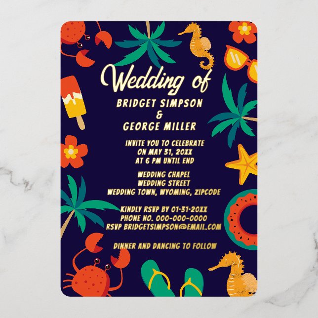 navy blue beach coastal summer wedding foil invitation (Front)
