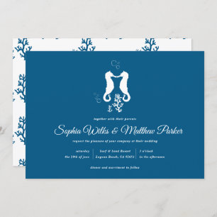 Navy Blue Beach Coral and Seahorse Wedding Invitation