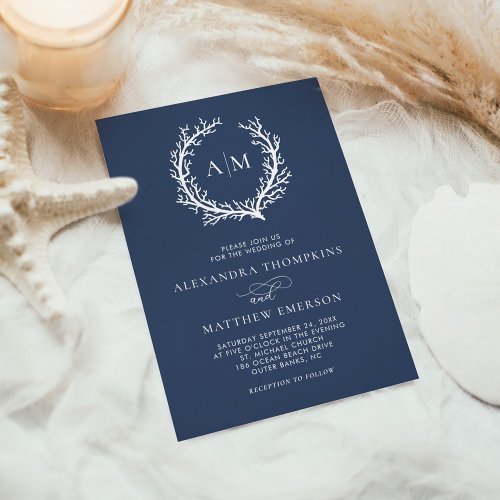 Navy Blue Beach Monogram Minimal Wedding  Invitation