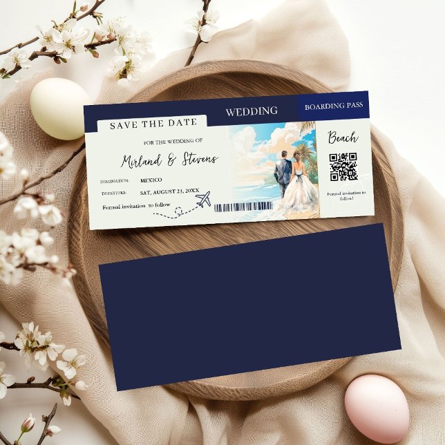 Navy Blue  Beach Nautical Boarding pass wedding Save The Date (Creator Uploaded)