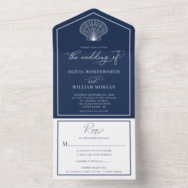 Navy Blue Beach Seashell Coastal Wedding All In One Invitation (Inside)