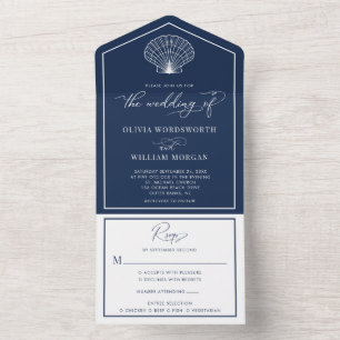 Navy Blue Beach Seashell Coastal Wedding All In One Invitation