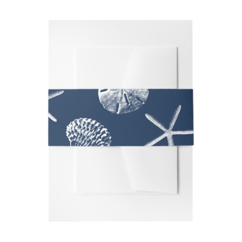 Navy Blue Beach Seashells Wedding Invitation Belly Band