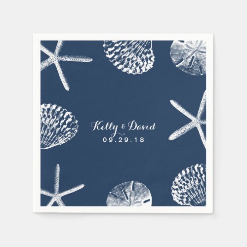 Navy Blue Beach Seashells Wedding Paper Napkins