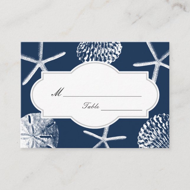 Navy Blue Beach Seashells Wedding Place/Seating Place Card (Front)