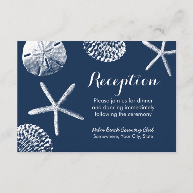 Navy Blue Beach Seashells Wedding Reception Enclosure Card (Front)