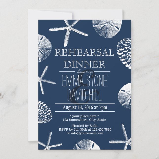 Navy Blue Beach Seashells Wedding Rehearsal Dinner Invitation (Front)