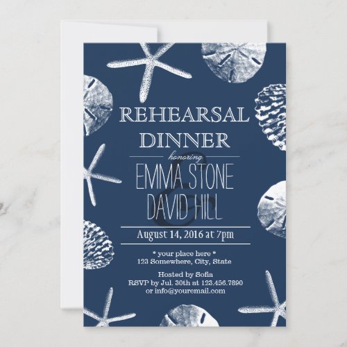 Navy Blue Beach Seashells Wedding Rehearsal Dinner Invitation