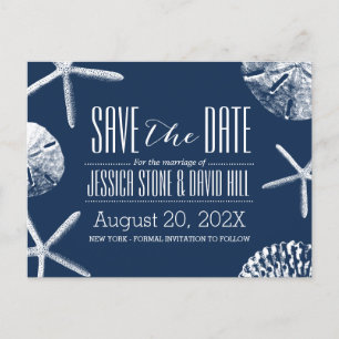 Navy Blue Beach Seashells Wedding Save the Date Announcement Postcard