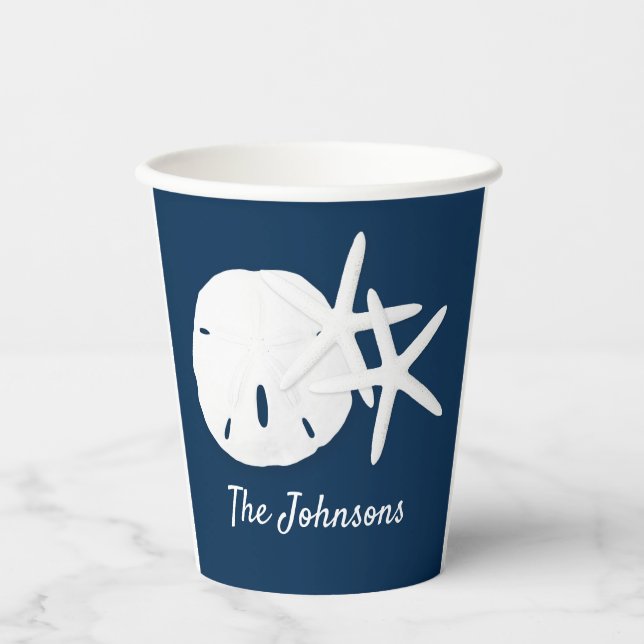 Navy Blue Beach Starfish Sand Dollar Personalized Paper Cups (Front)