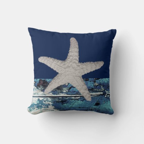 Navy Blue Beach Starfish Throw Pillow