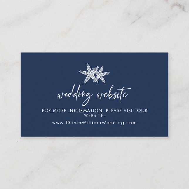 Navy Blue Beach Starfish Wedding Website Enclosure Card (Front)