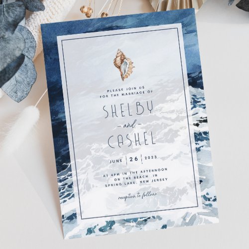 Navy Blue Beach Wedding Invitation 