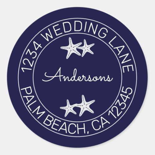 Navy Blue Beach Wedding Starfish Classic Round Sticker
