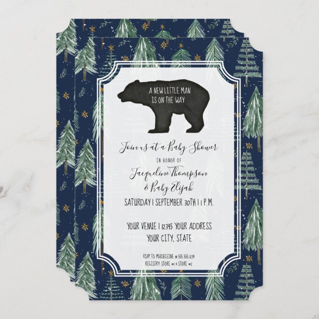 Navy Blue Bear Woodland Forest Baby Boy Shower Invitation (Front/Back)