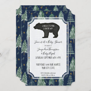 Navy Blue Bear Woodland Forest Baby Boy Shower Invitation
