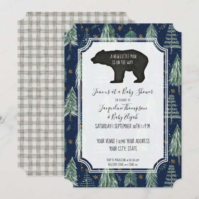 Navy Blue Bear Woodsy Forest Trees Baby Boy Shower Invitation (Front/Back)