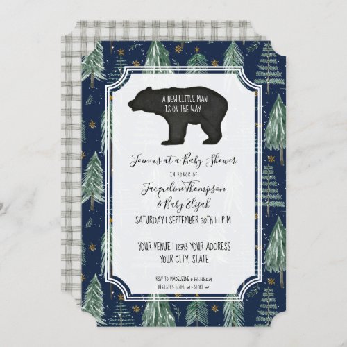 Navy Blue Bear Woodsy Forest Trees Baby Boy Shower Invitation