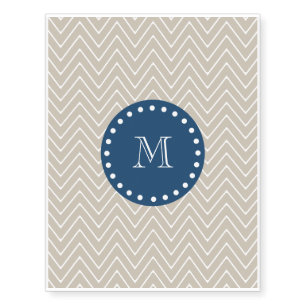 Navy Blue, Beige Chevron Pattern Your Monogram Temporary Tattoos