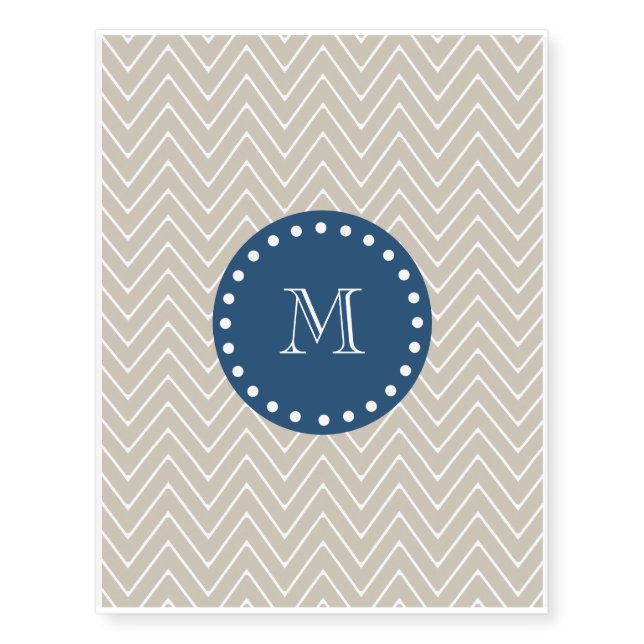 Navy Blue, Beige Chevron Pattern | Your Monogram Temporary Tattoos (Front)