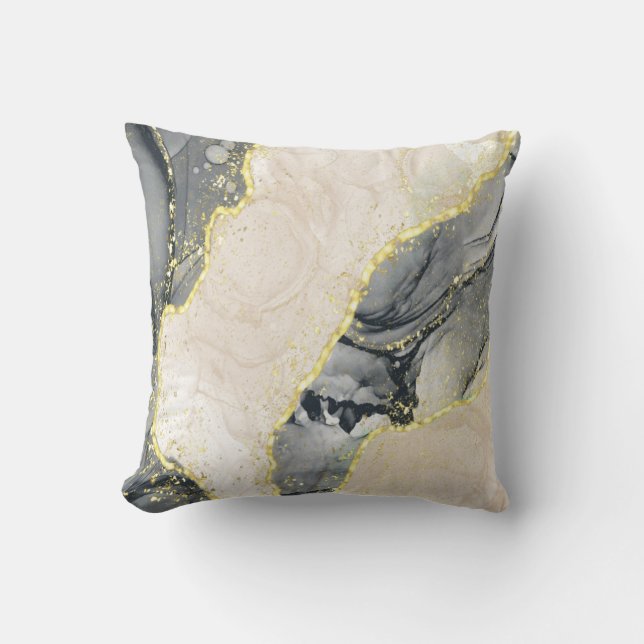 Navy Blue Beige Gray Gold Glitter Alcohol Ink Throw Pillow (Front)