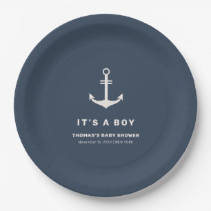 Navy Blue Beige Nautical Anchor Baby Shower  Paper Plates