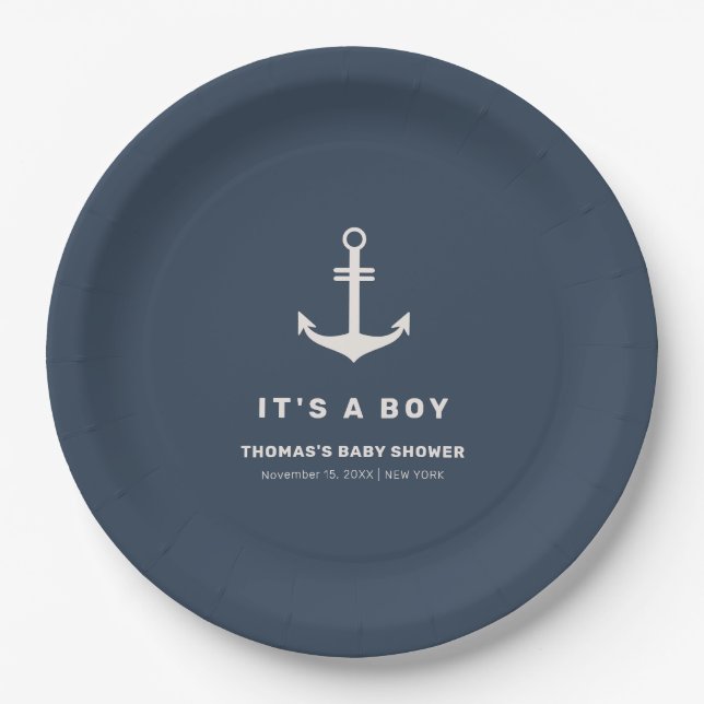 Navy Blue Beige Nautical Anchor Baby Shower  Paper Plates (Front)