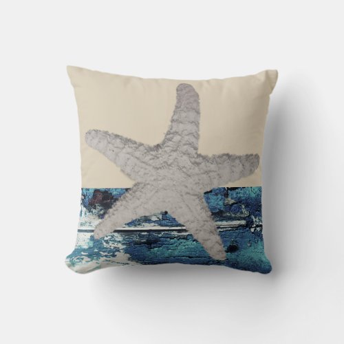 Navy Blue Beige Rustic Nautical Starfish Throw Pillow