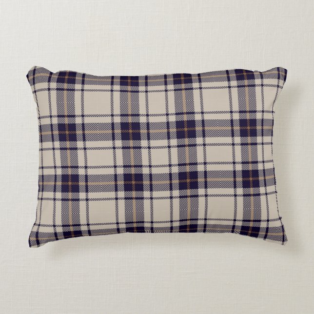 Navy Blue Beige Scottish Tartan Plaid Pattern Accent Pillow (Front)
