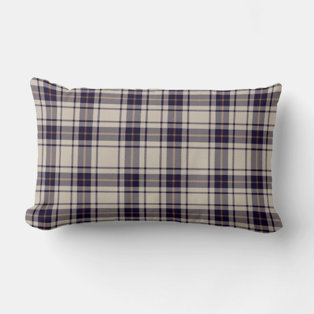 Navy Blue Beige Scottish Tartan Plaid Pattern Lumbar Pillow (Front)