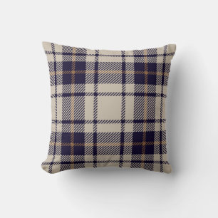 Navy Blue Beige Scottish Tartan Plaid Pattern Throw Pillow