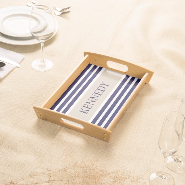 Navy Blue Beige Stripes & Monogram Serving Tray (Front)