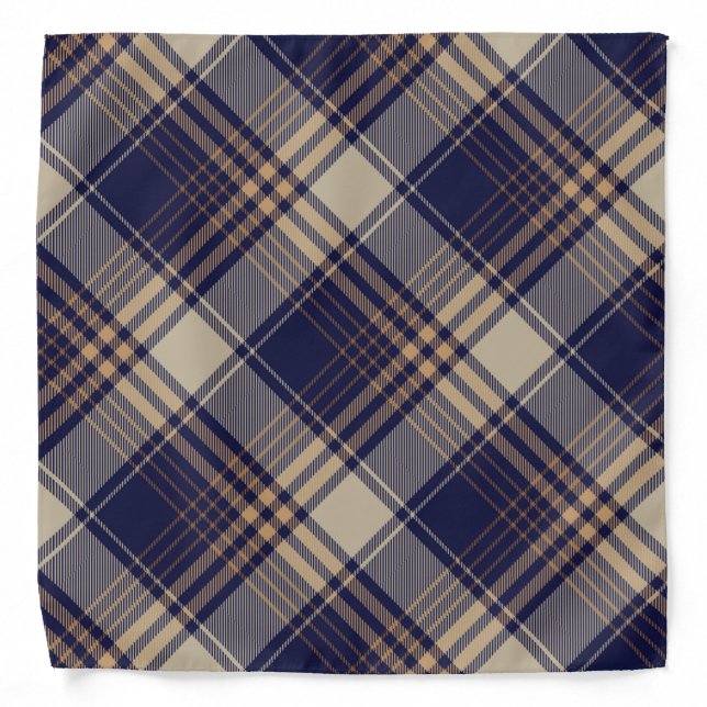 Navy Blue Beige Tartan Plaid Argyle Pattern Bandana (Front)