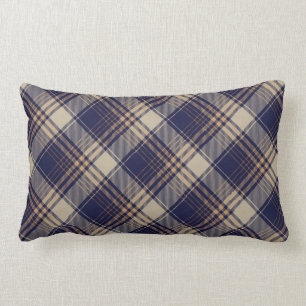 Navy Blue Beige Tartan Plaid Argyle Pattern Lumbar Pillow