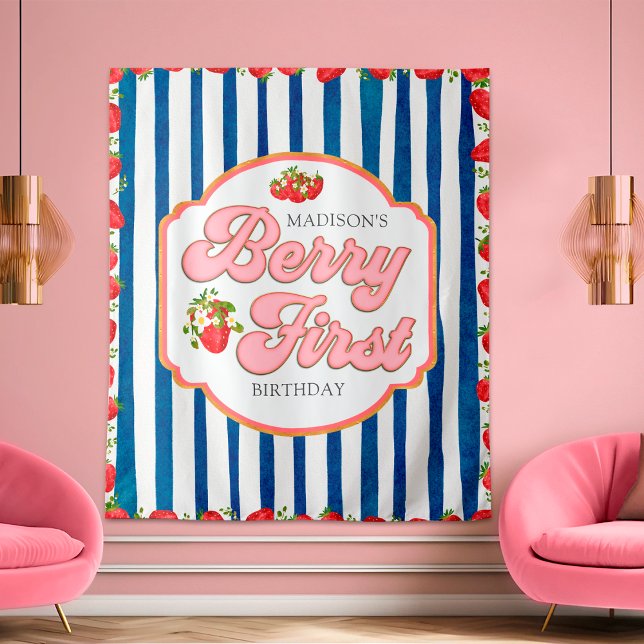 Navy Blue Berry First Strawberry Birthday Backdrop (Creator Uploaded)