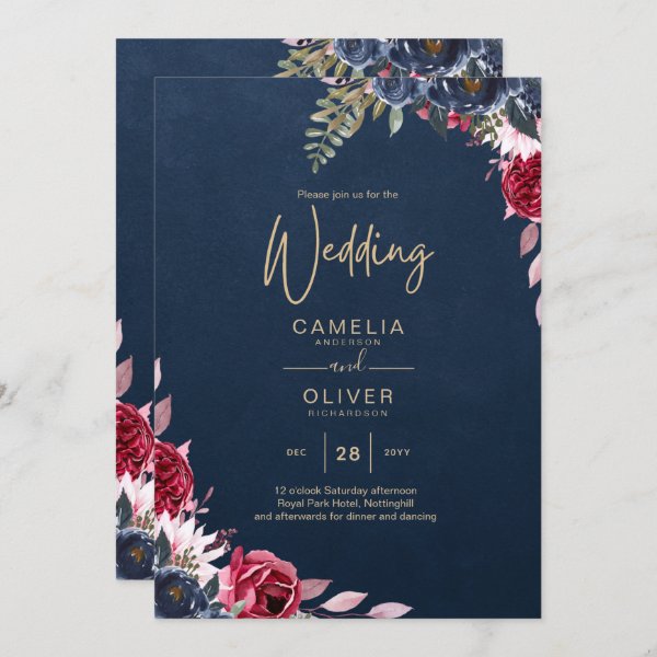 Navy Blue Berry Floral Burgundy Winter Fall Invitation